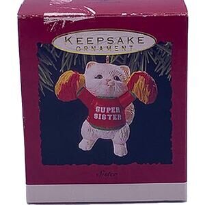 1993 Hallmark Keepsake Super Sister Cheerleader Cat QX554-5 Tree Ornament in Box